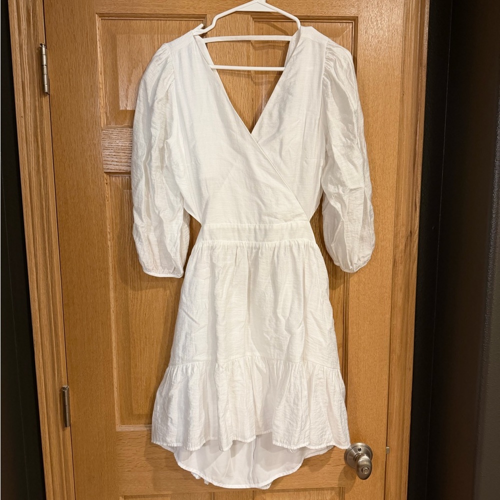 Express White Puff-Sleeve High-Low Wrap Dress